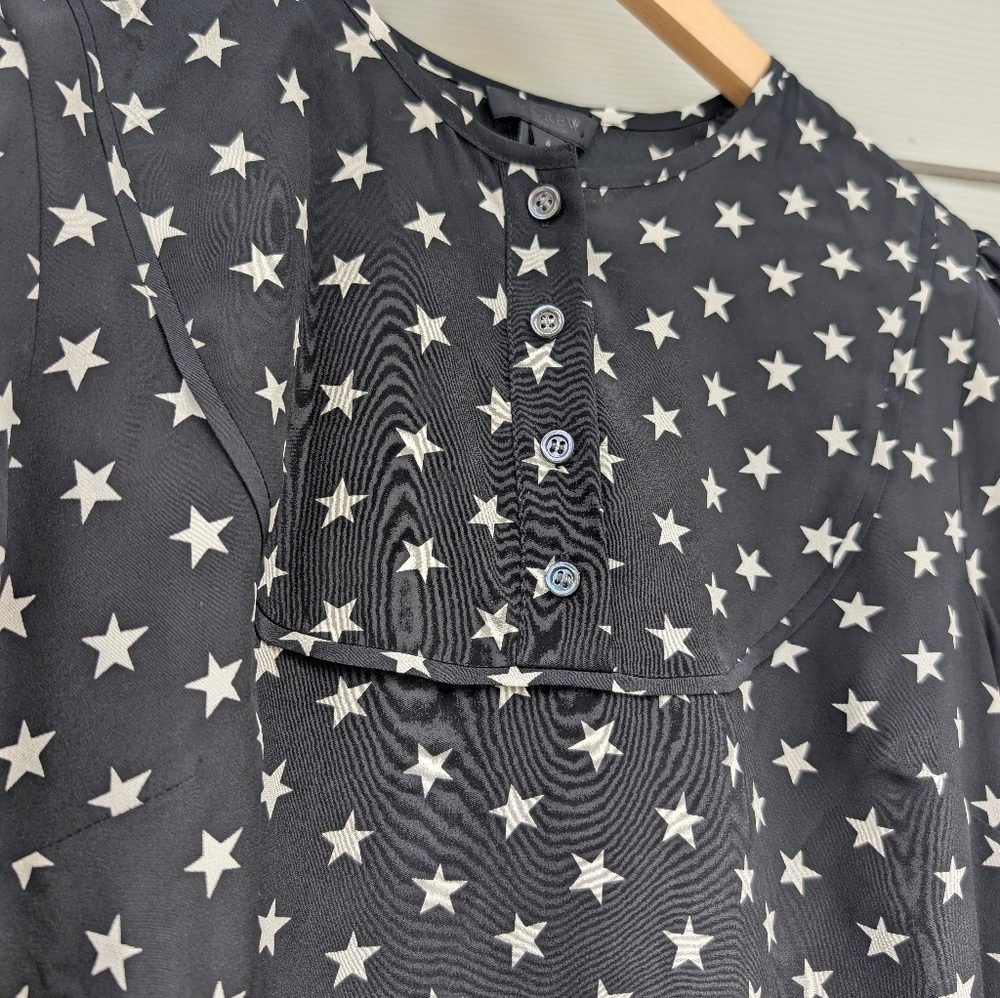 J Crew Dress Midi Silk Lined Size 4 Black Star Print Buttons At Front Long Sleev - Picture 6 of 8